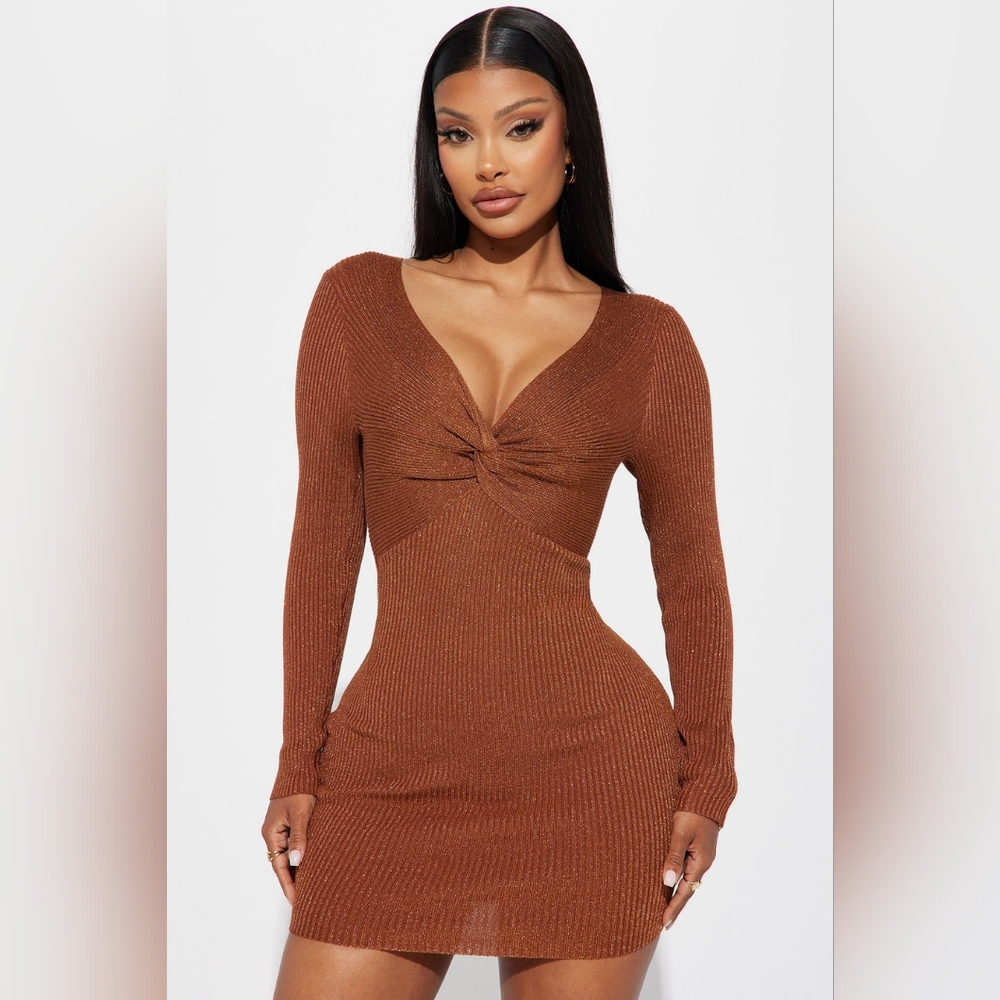 Brown ribbed mini midi dress